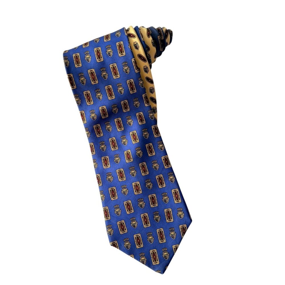 Tommy Hilfiger 100% Silk Tie Navy & Yellow Shield Emblem Design Made In Italy